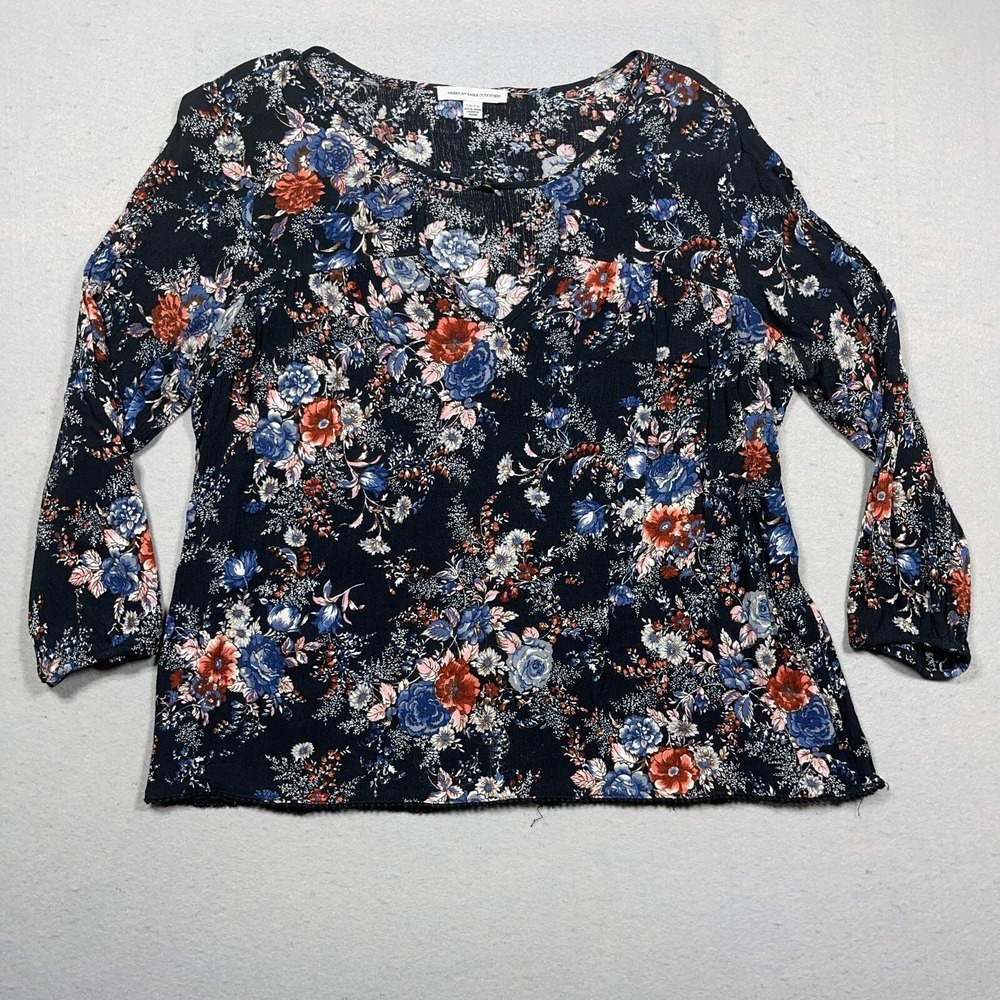 American Eagle Womens Small Floral Blouse Navy Blue Crochet Trim Top Summer